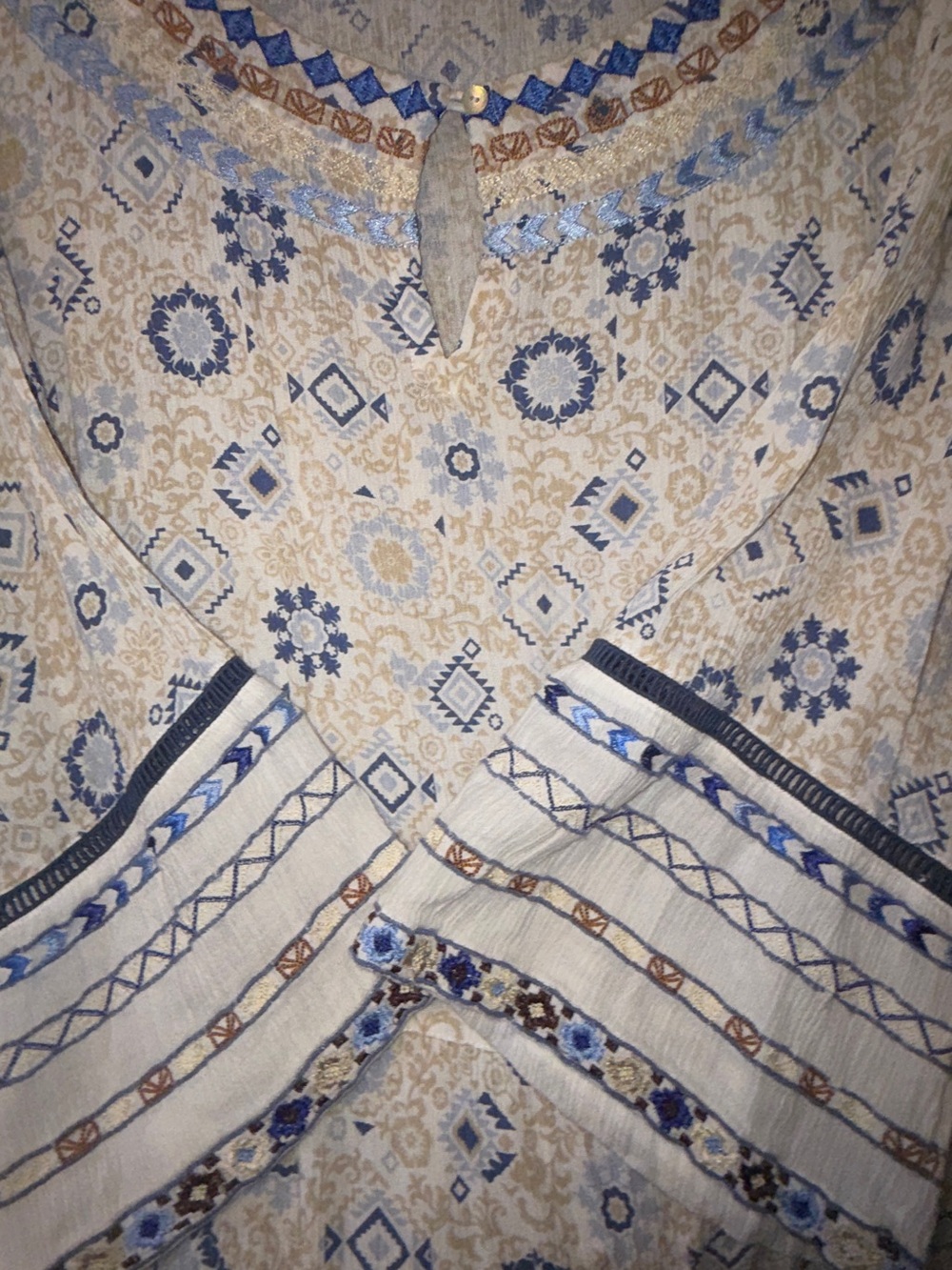 Boho Embroidered V-Neck Tunic in Cream and Blue - Picture 6 of 7